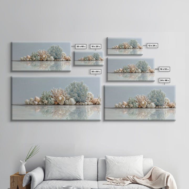 Coral and Shell Arrangement Framed Canvas Print, Bathroom Art, Bathroom Accessories, Bathroom Decor, Spa, Fine Art Print, BAT-2x1-79