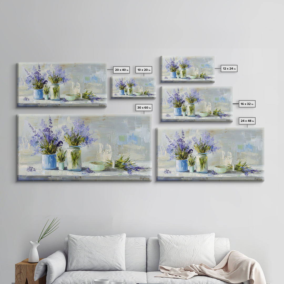 Lavender Sprigs in a Ceramic Vase Framed Canvas Print, Bathroom Art, Dopamine Decor, Bathroom Decor, Spa, Halloween Art, BAT-2x1-80