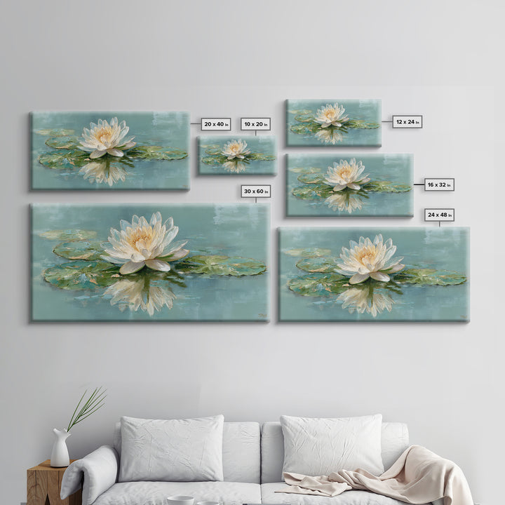 Lotus Flower Floating on Calm Water Framed Canvas Print, Bathroom Art, Framed Wall Art, Bathroom Decor, Watercolor Art, Spa, BAT-2x1-88