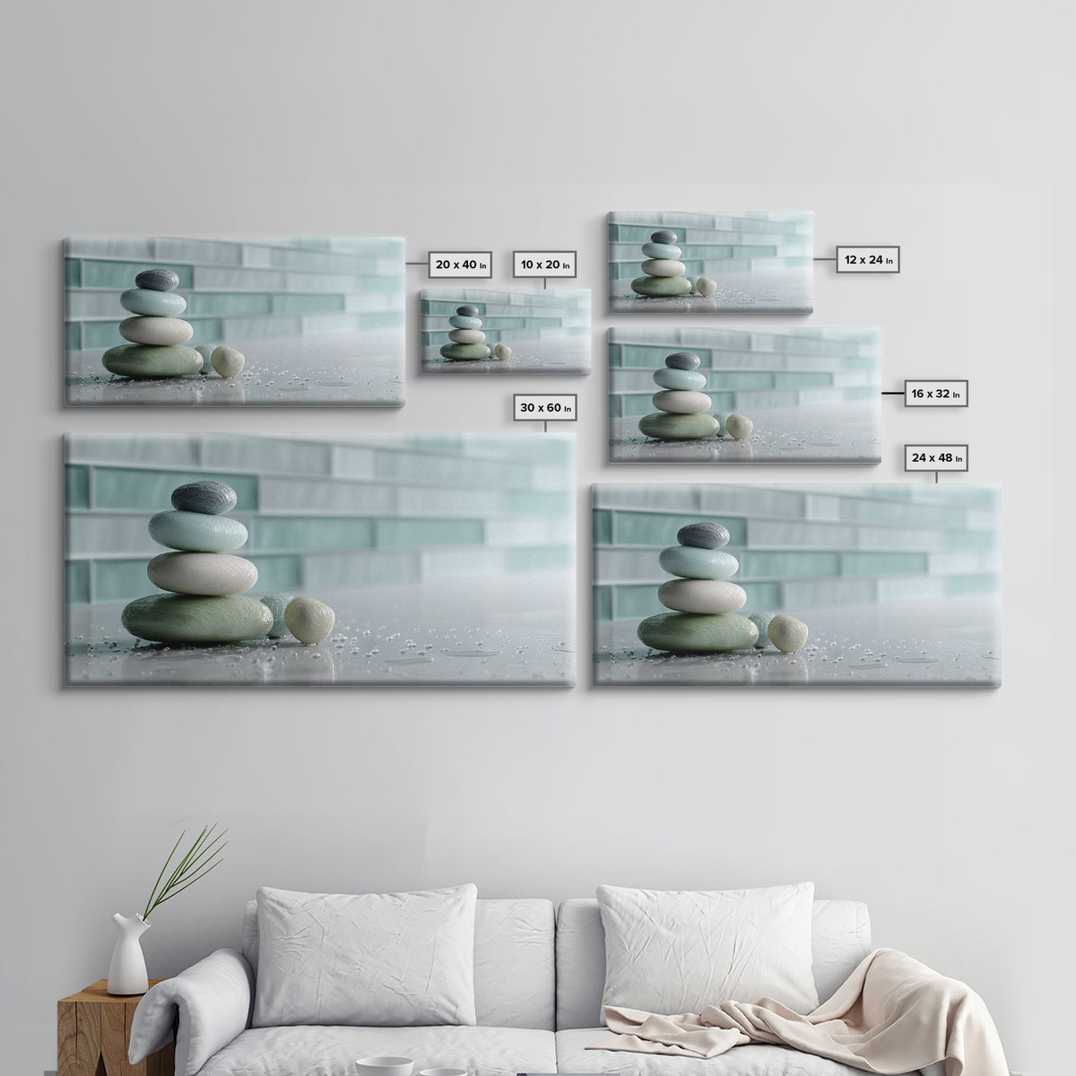 Monochrome Pebble Stack Framed Canvas Print, Bathroom Art, Statement Artwork, Bathroom Decor, Fine Art, Spa, Digital Art, BAT-2x1-9