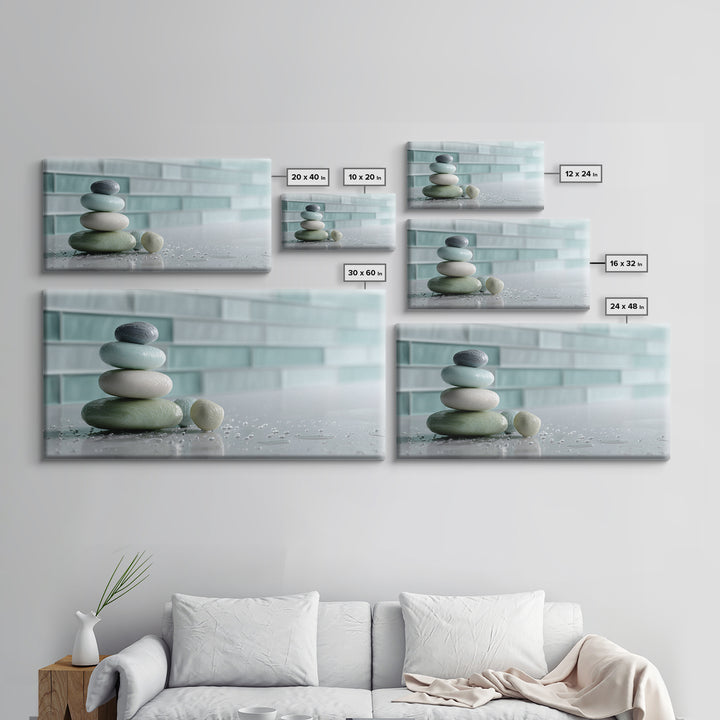 Monochrome Pebble Stack Framed Canvas Print, Bathroom Art, Statement Artwork, Bathroom Decor, Fine Art, Spa, Digital Art, BAT-2x1-9
