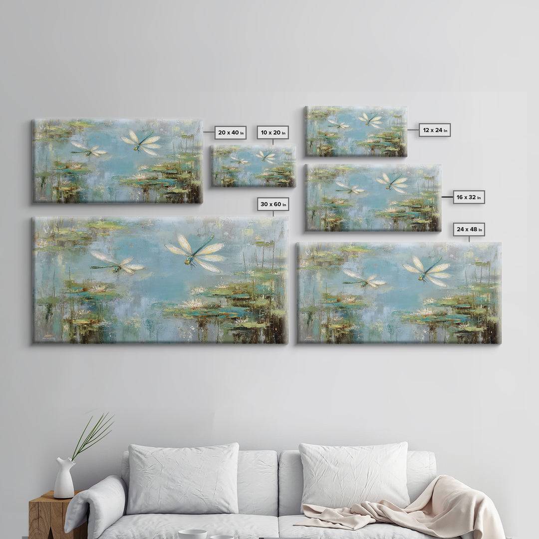 Delicate Dragonfly Above a Pond Surface Framed Canvas Print, Bathroom Art, Dog Portrait, Bathroom Decor, Oil Painting, Spa, BAT-2x1-92