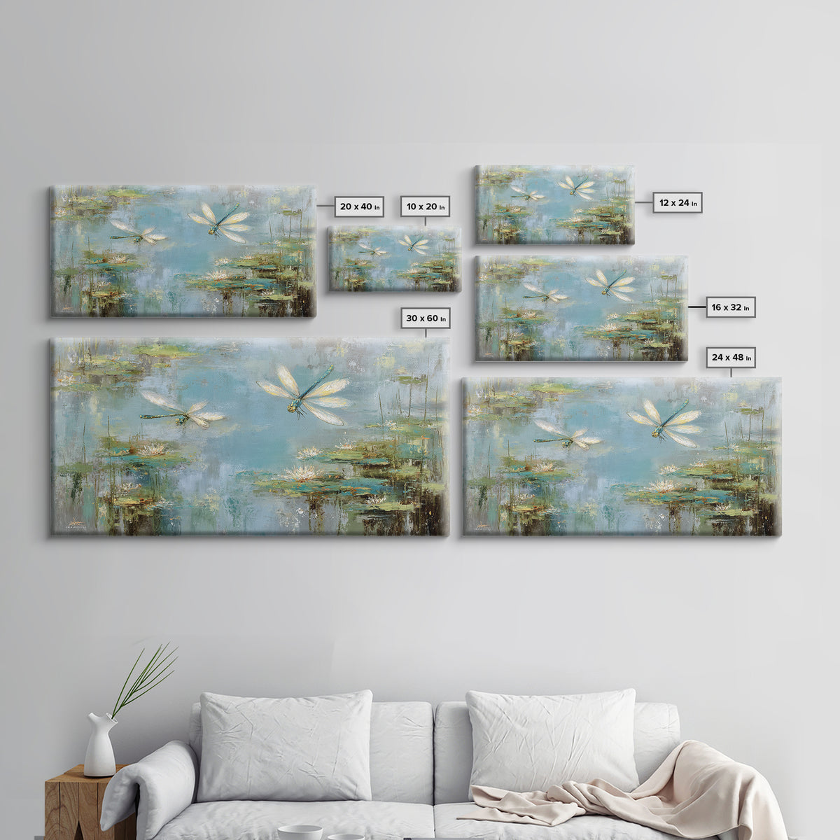Delicate Dragonfly Above a Pond Surface Framed Canvas Print, Bathroom Art, Dog Portrait, Bathroom Decor, Oil Painting, Spa, BAT-2x1-92