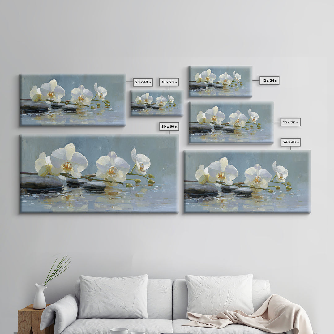 White Orchid on Warm Stone Background Framed Canvas Print, Bathroom Art, Modern Wall Art, Bathroom Decor, Oil Painting, Spa, BAT-2x1-96