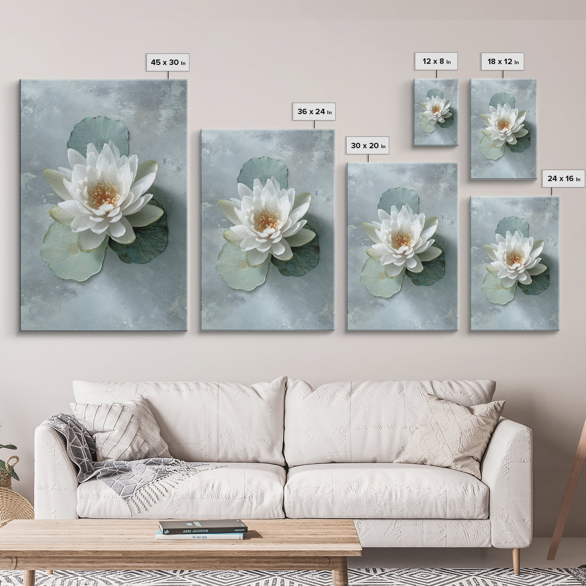 Lotus Flower Floating on Calm Water Framed Canvas Print, Bathroom Art, Trendy Wall Art, Bathroom Decor, Watercolor Art, Spa, BAT-2x3-100
