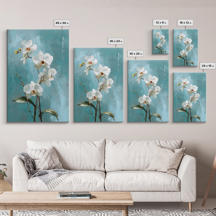 White Orchid on Warm Stone Background Framed Canvas Print, Bathroom Art, Fine Art Print, Bathroom Decor, Oil Painting, Spa, BAT-2x3-12