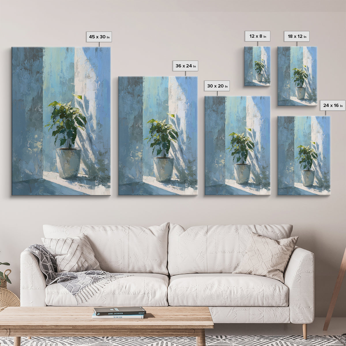Sunlit Window Plant Shadow on Plaster Framed Canvas Print, Bathroom Art, Gallery Decor, Bathroom Decor, Abstract Art, Spa, BAT-2x3-2