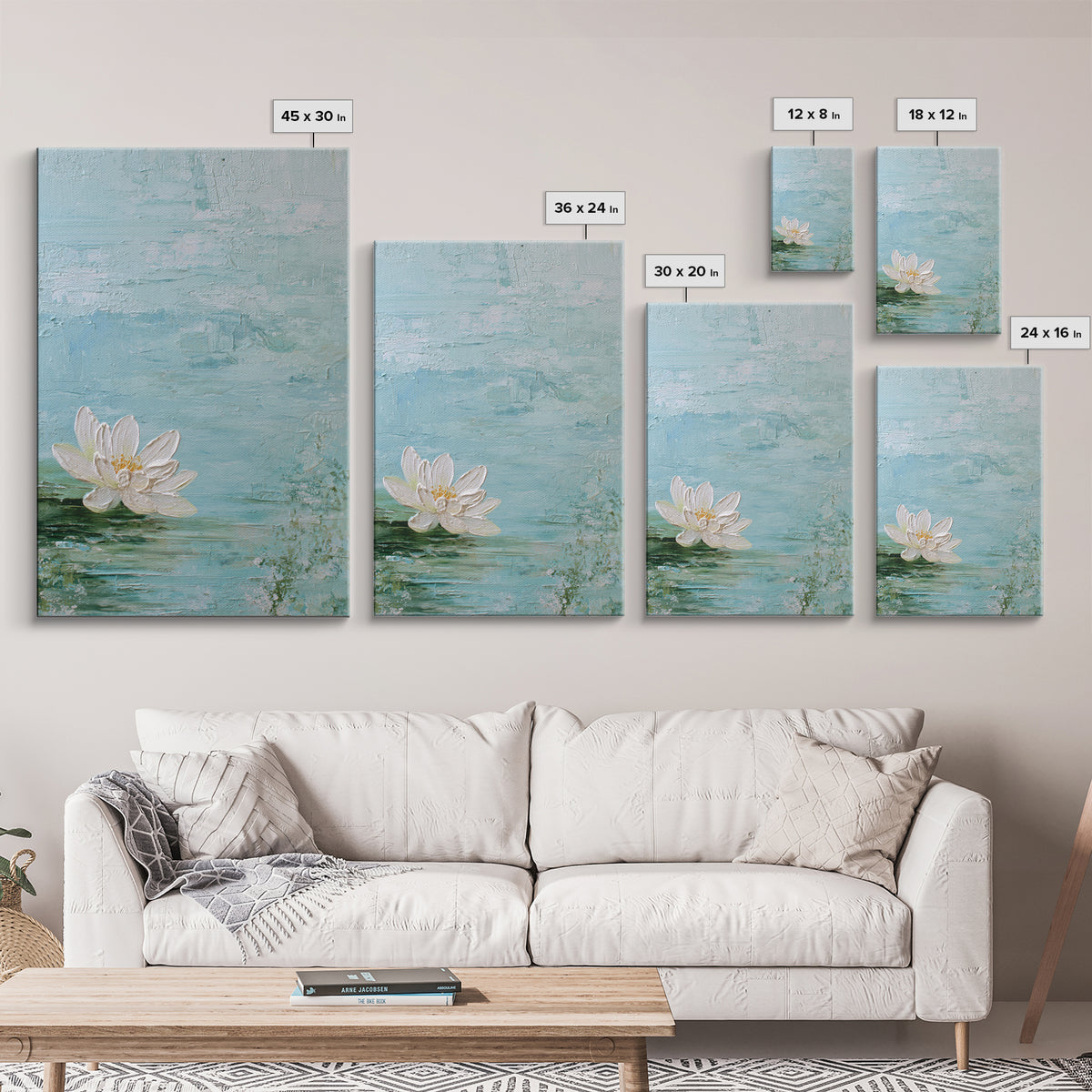 Lotus Flower Floating on Calm Water Framed Canvas Print, Bathroom Art, Printable Wall Art, Bathroom Decor, Oil Painting, Spa, BAT-2x3-28