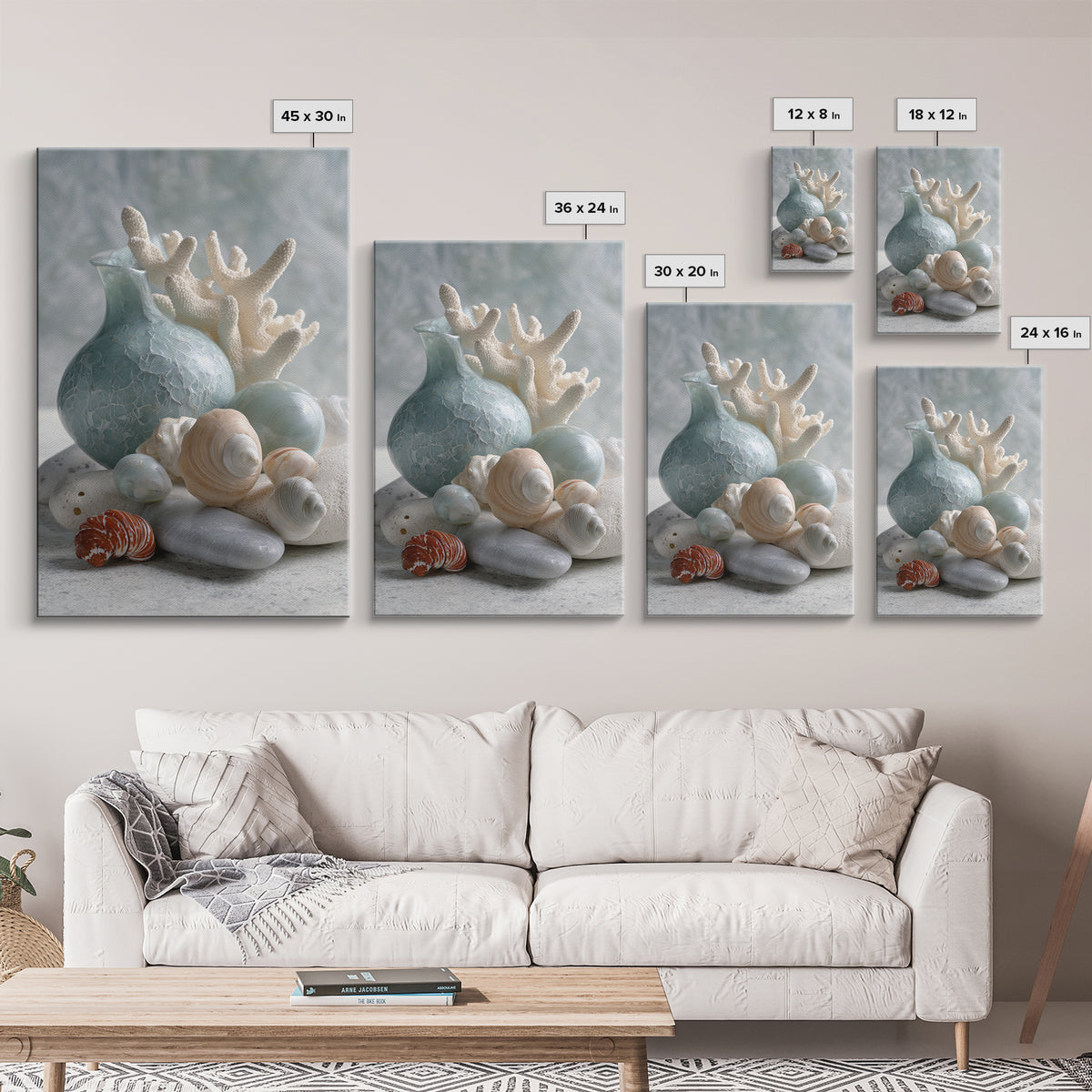 Coral and Shell Arrangement Framed Canvas Print, Bathroom Art, Neutral Decor, Bathroom Decor, Fine Art, Spa, Wall Art, BAT-2x3-43