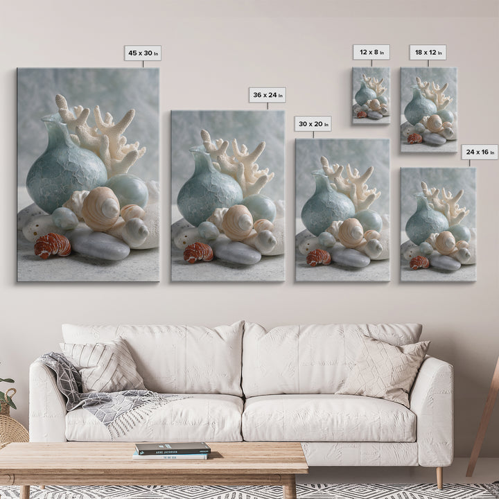 Coral and Shell Arrangement Framed Canvas Print, Bathroom Art, Neutral Decor, Bathroom Decor, Fine Art, Spa, Wall Art, BAT-2x3-43