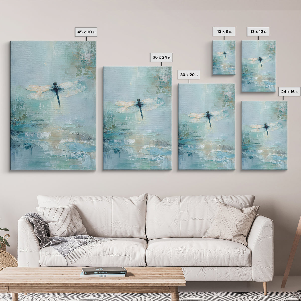 Delicate Dragonfly Above a Pond Surface Framed Canvas Print, Bathroom Art, Modern Art, Bathroom Decor, Fine Art, Spa, BAT-2x3-56