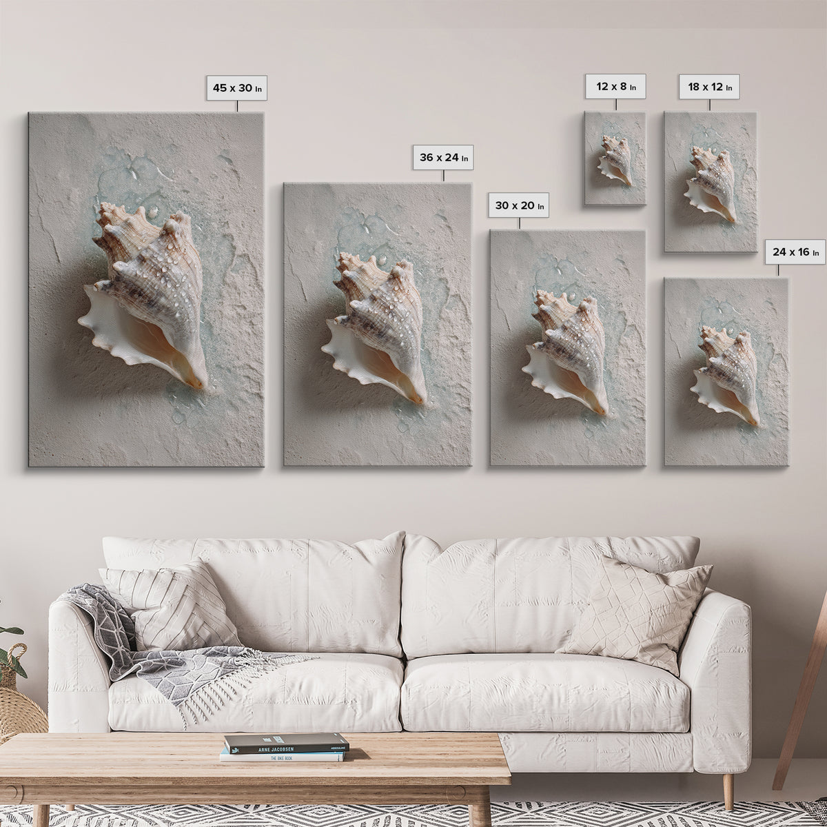 Minimal Seashell Still Life on Pale Sand Framed Canvas Print, Bathroom Art, Boho Decor, Bathroom Decor, Oil Painting, Spa, BAT-2x3-59