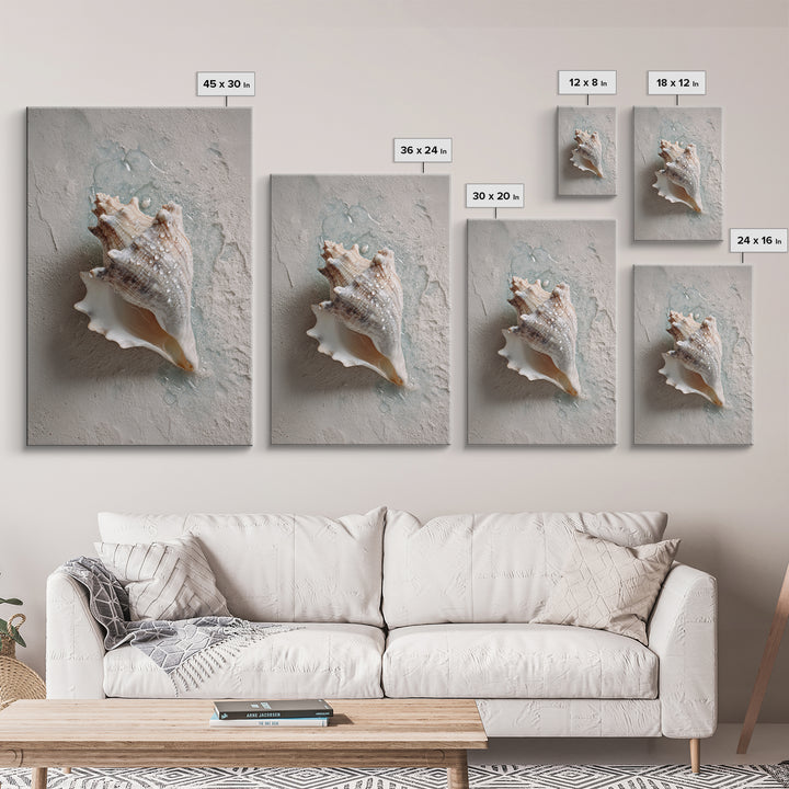 Minimal Seashell Still Life on Pale Sand Framed Canvas Print, Bathroom Art, Boho Decor, Bathroom Decor, Oil Painting, Spa, BAT-2x3-59