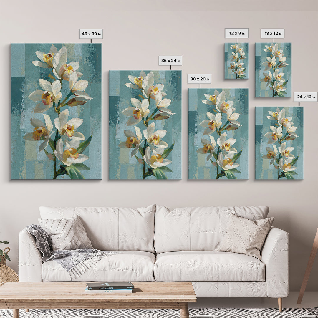 White Orchid on Warm Stone Background Framed Canvas Print, Bathroom Art, Statement Artwork, Bathroom Decor, Fine Art, Spa, BAT-2x3-60