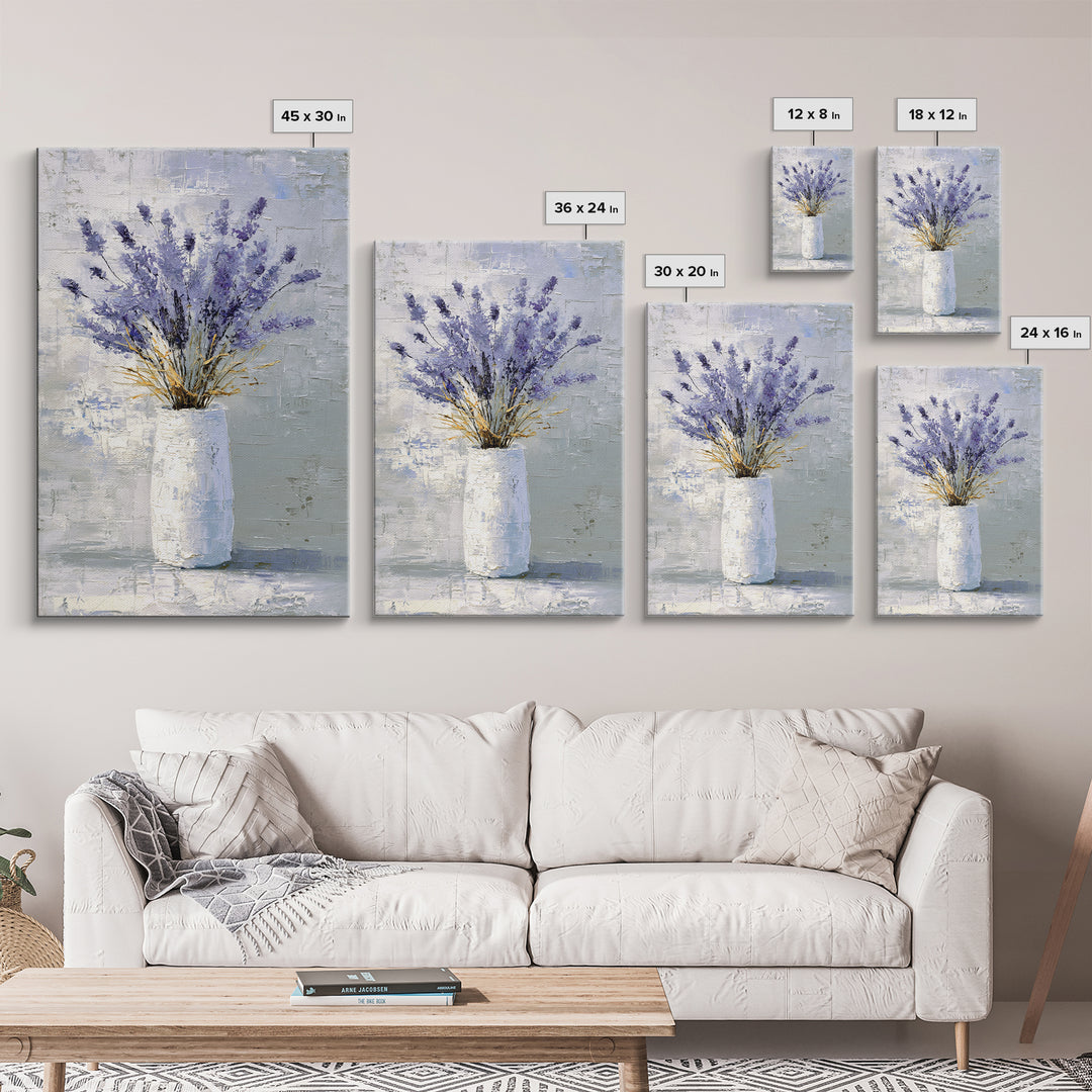 Lavender Sprigs in a Ceramic Vase Framed Canvas Print, Bathroom Art, Minimalist Decor, Bathroom Decor, Fine Art, Spa, BAT-2x3-68