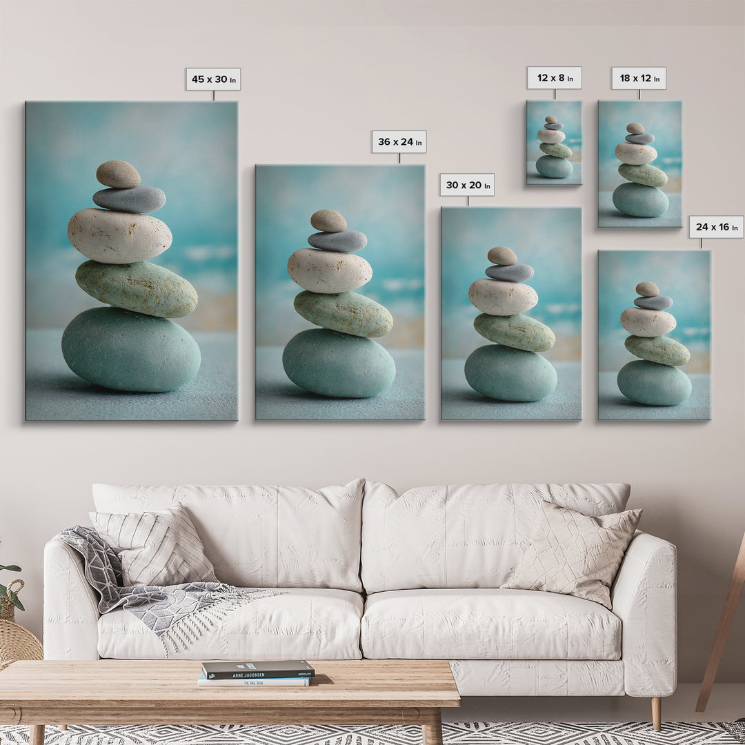 Monochrome Pebble Stack Framed Canvas Print, Bathroom Art, Digital Art, Bathroom Decor, Fine Art, Spa, Dopamine Decor, BAT-2x3-69