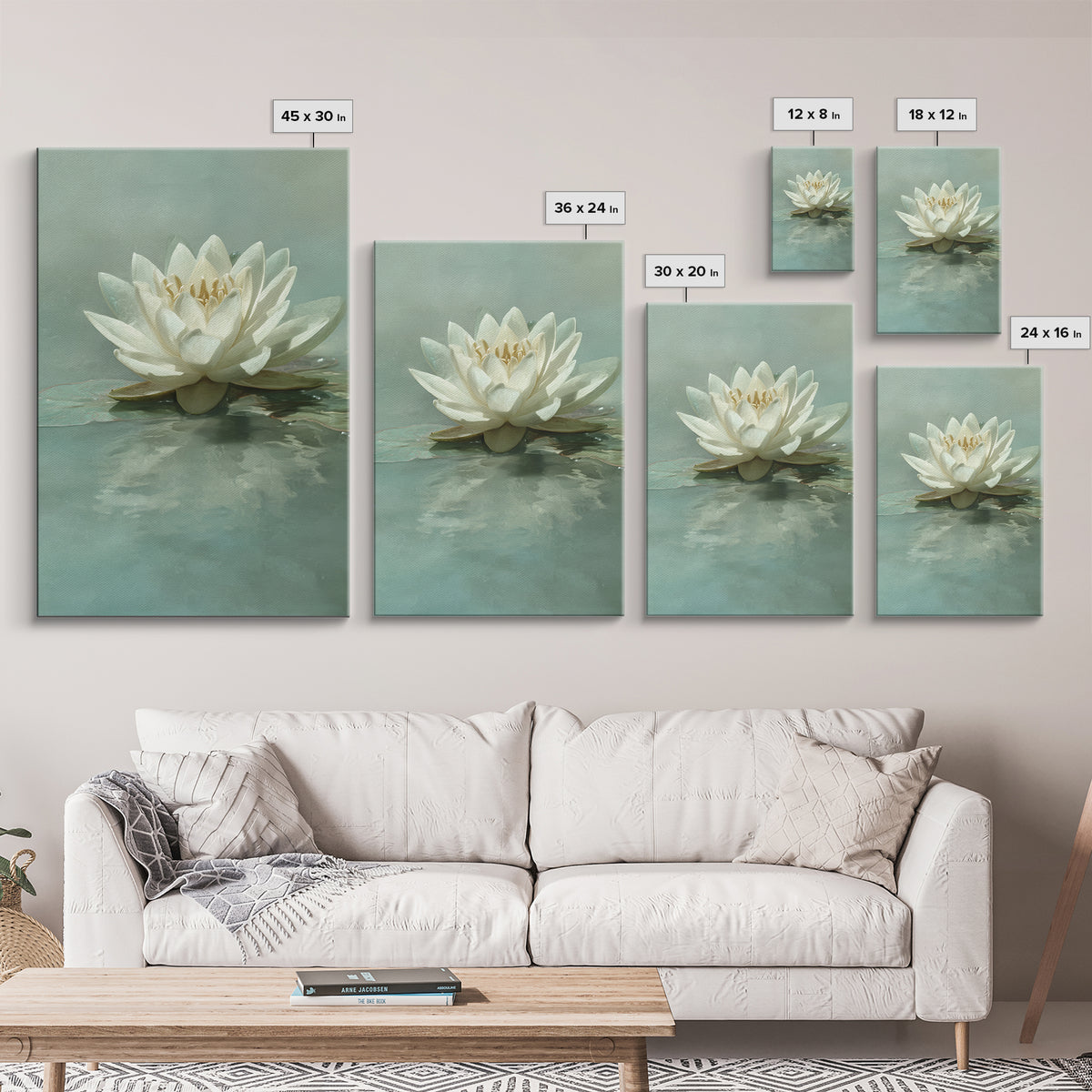 Lotus Flower Floating on Calm Water Framed Canvas Print, Bathroom Art, Digital Wall Art, Bathroom Decor, Fine Art, Spa, BAT-2x3-76