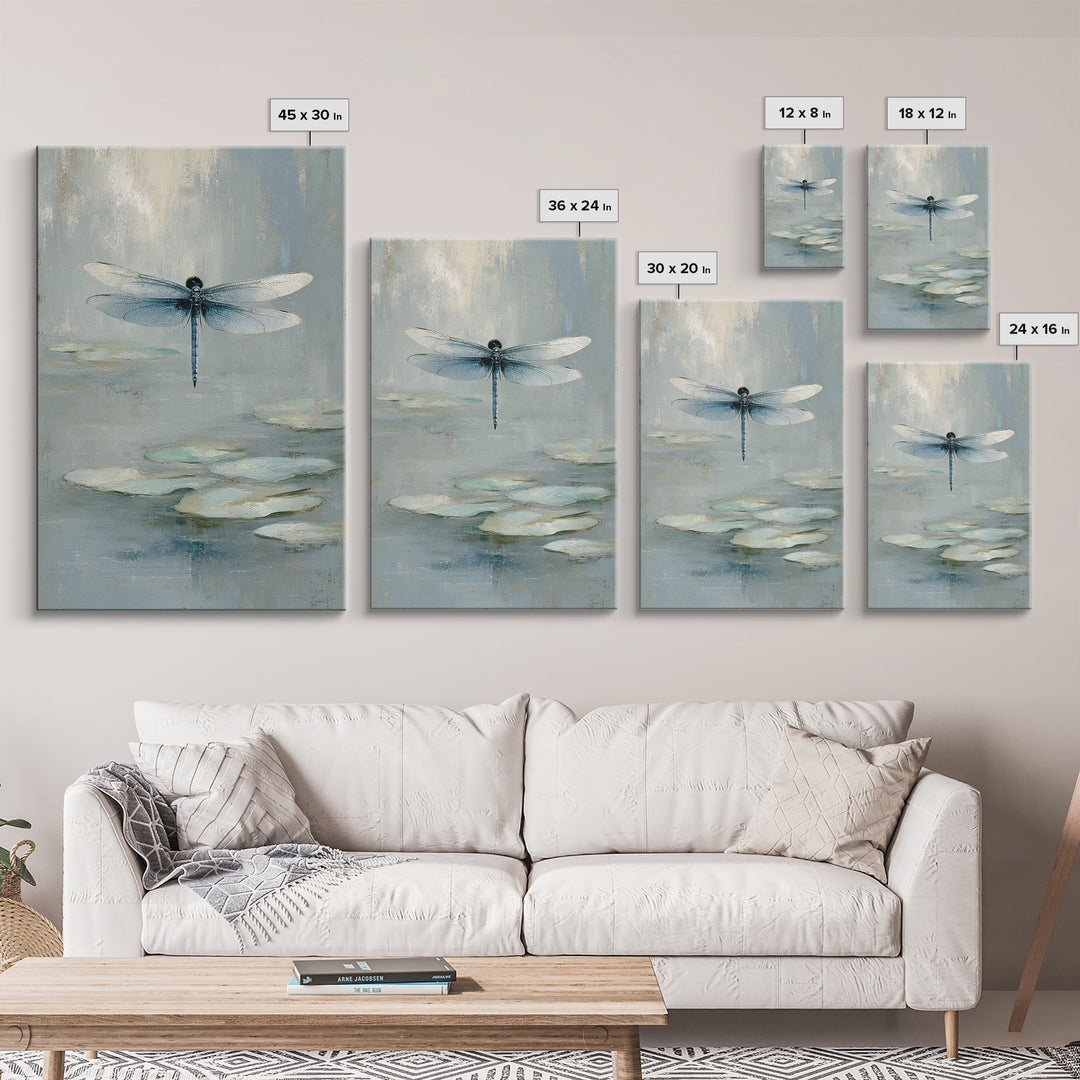 Delicate Dragonfly Above a Pond Surface Framed Canvas Print, Bathroom Art, Framed Wall Art, Bathroom Decor, Oil Painting, Spa, BAT-2x3-8
