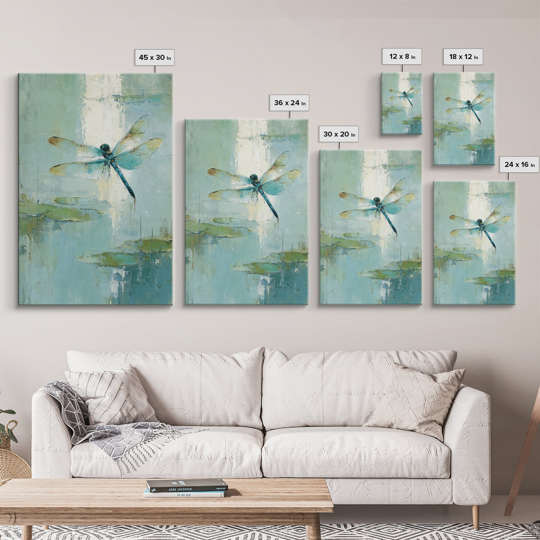Delicate Dragonfly Above a Pond Surface Framed Canvas Print, Bathroom Art, Fine Art Print, Bathroom Decor, Fine Art, Spa, BAT-2x3-80