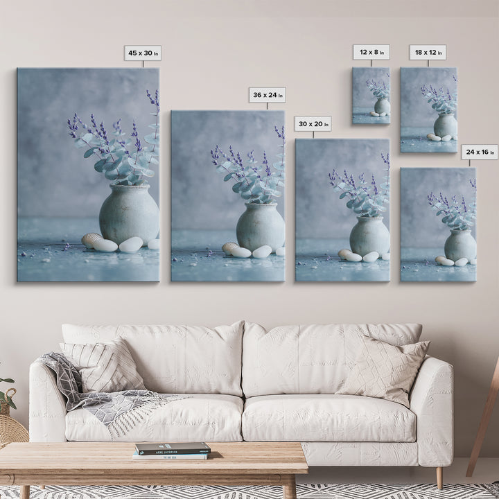 Lavender Sprigs in a Ceramic Vase Framed Canvas Print, Bathroom Art, Retro Wall Art, Bathroom Decor, Abstract Art, Spa, BAT-2x3-92