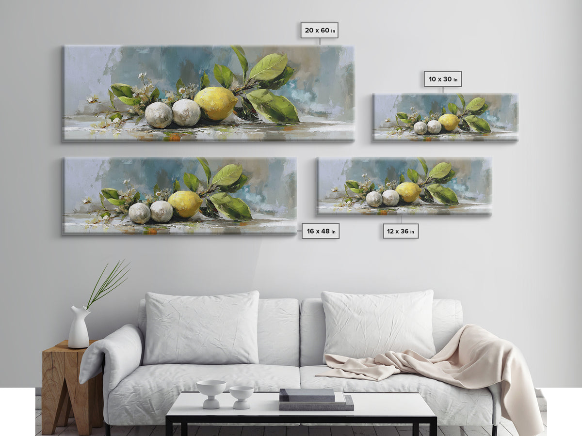 Lemon and Botanical Still Life Canvas Print, Bathroom Art, Wall Hanging, Bathroom Decor, Spa, Modern Art, Bathroom Art Decor, BAT-3x1-46