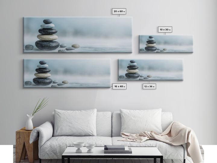 Monochrome Pebble Stack Framed Canvas Print, Bathroom Art, Poster, Bathroom Decor, Watercolor Art, Spa, Digital Print, BAT-3x1-5