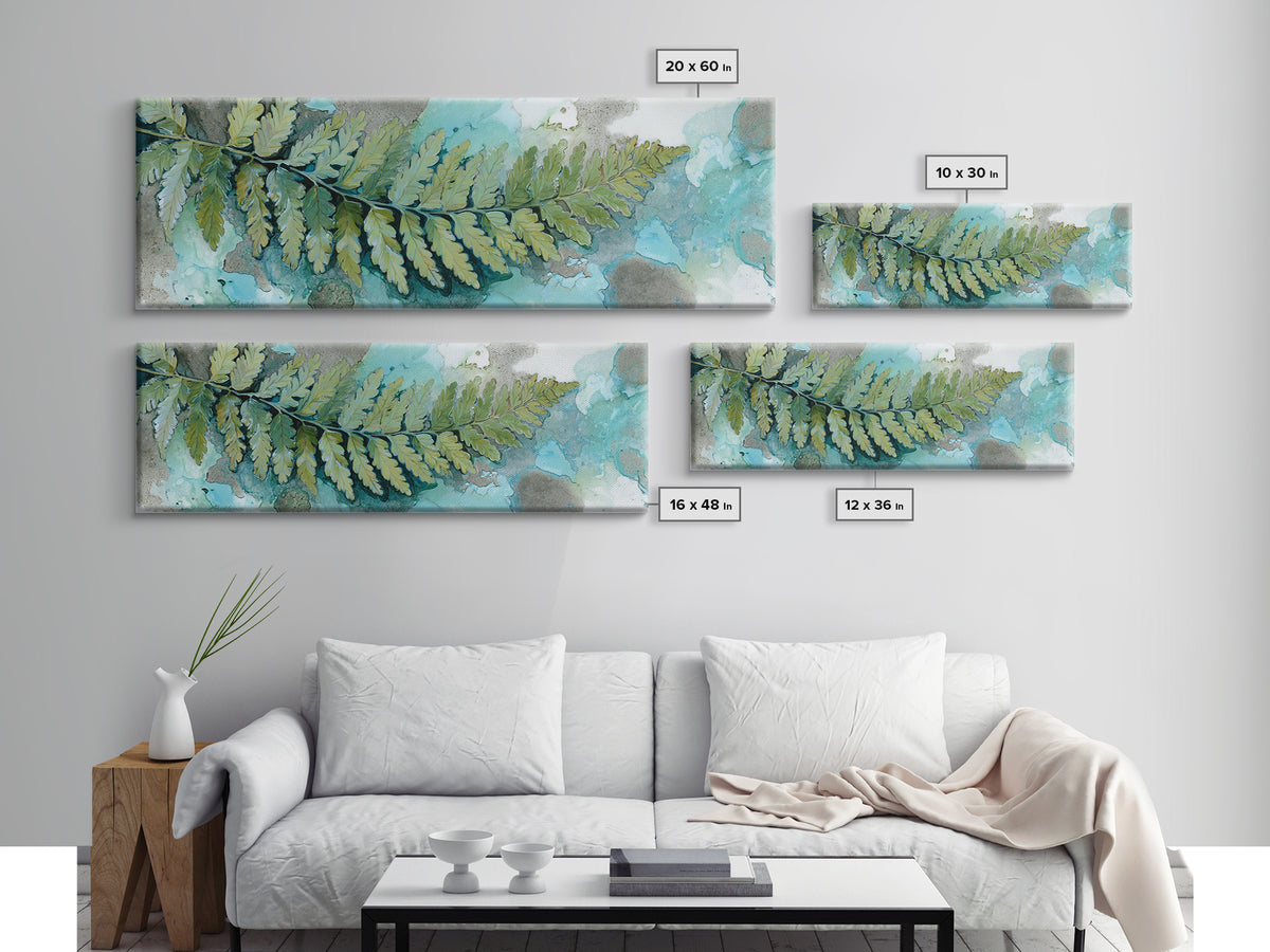Green Fern Frond Closeup Canvas Print, Bathroom Art, Digital Wall Art, Bathroom Decor, Watercolor Art, Spa, Unique Wall Art, BAT-3x1-50
