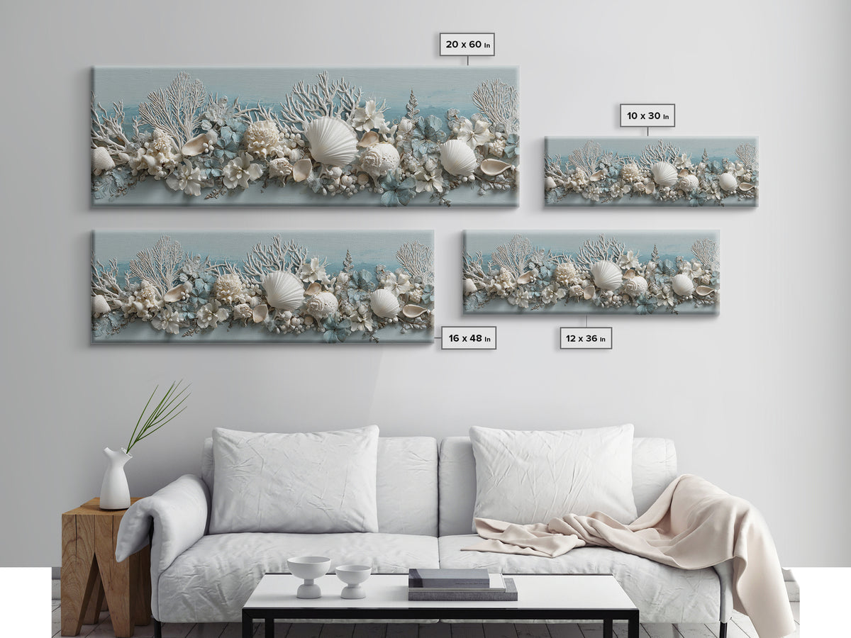 Coral and Shell Arrangement Framed Canvas Print, Bathroom Art, Wall Art, Bathroom Decor, Fine Art, Spa, Dog Portrait, BAT-3x1-51