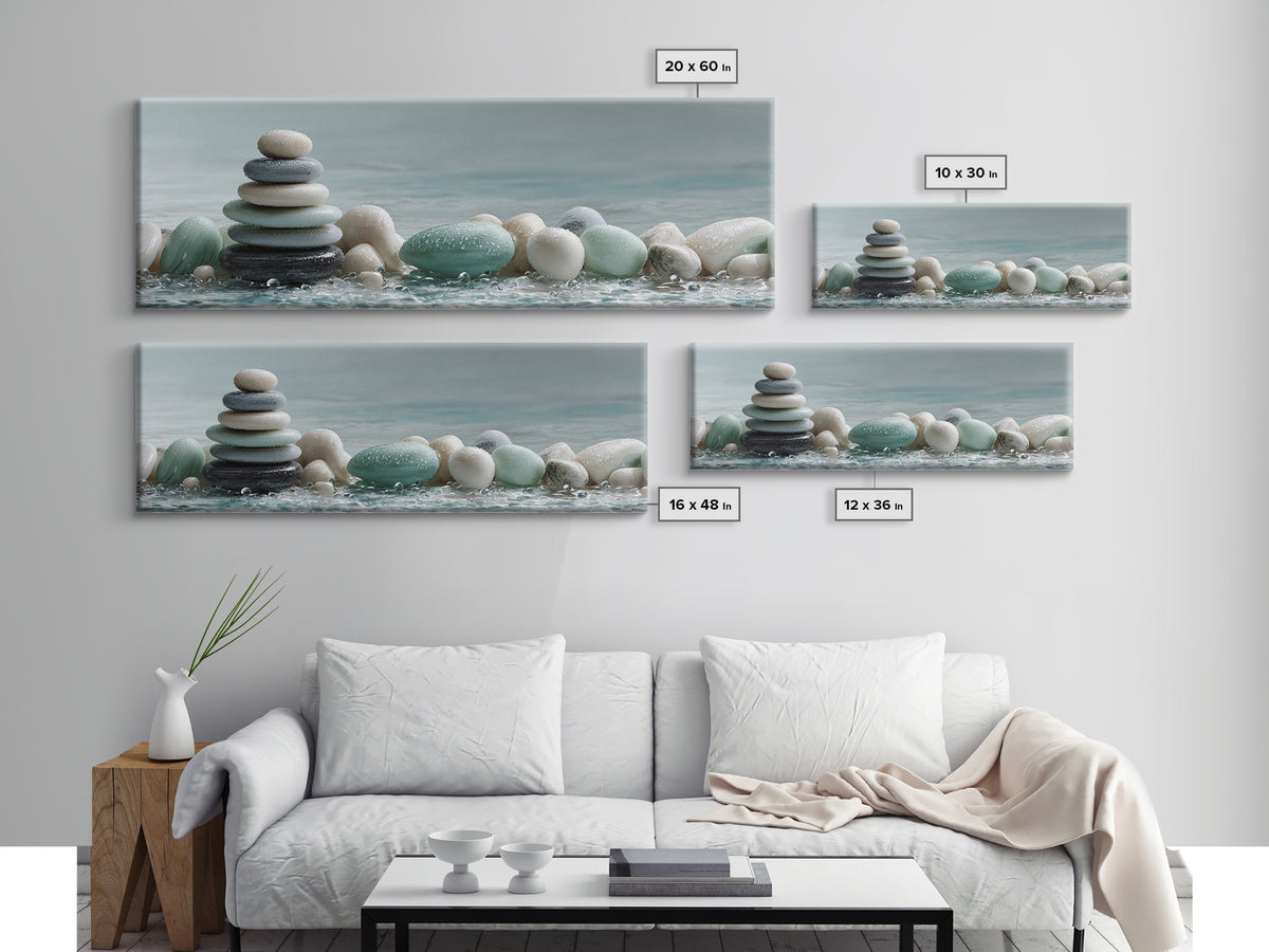 Monochrome Pebble Stack Framed Canvas Print, Bathroom Art, Canvas Wall Art, Bathroom Decor, Fine Art, Spa, Bathroom Wallpaper, BAT-3x1-53
