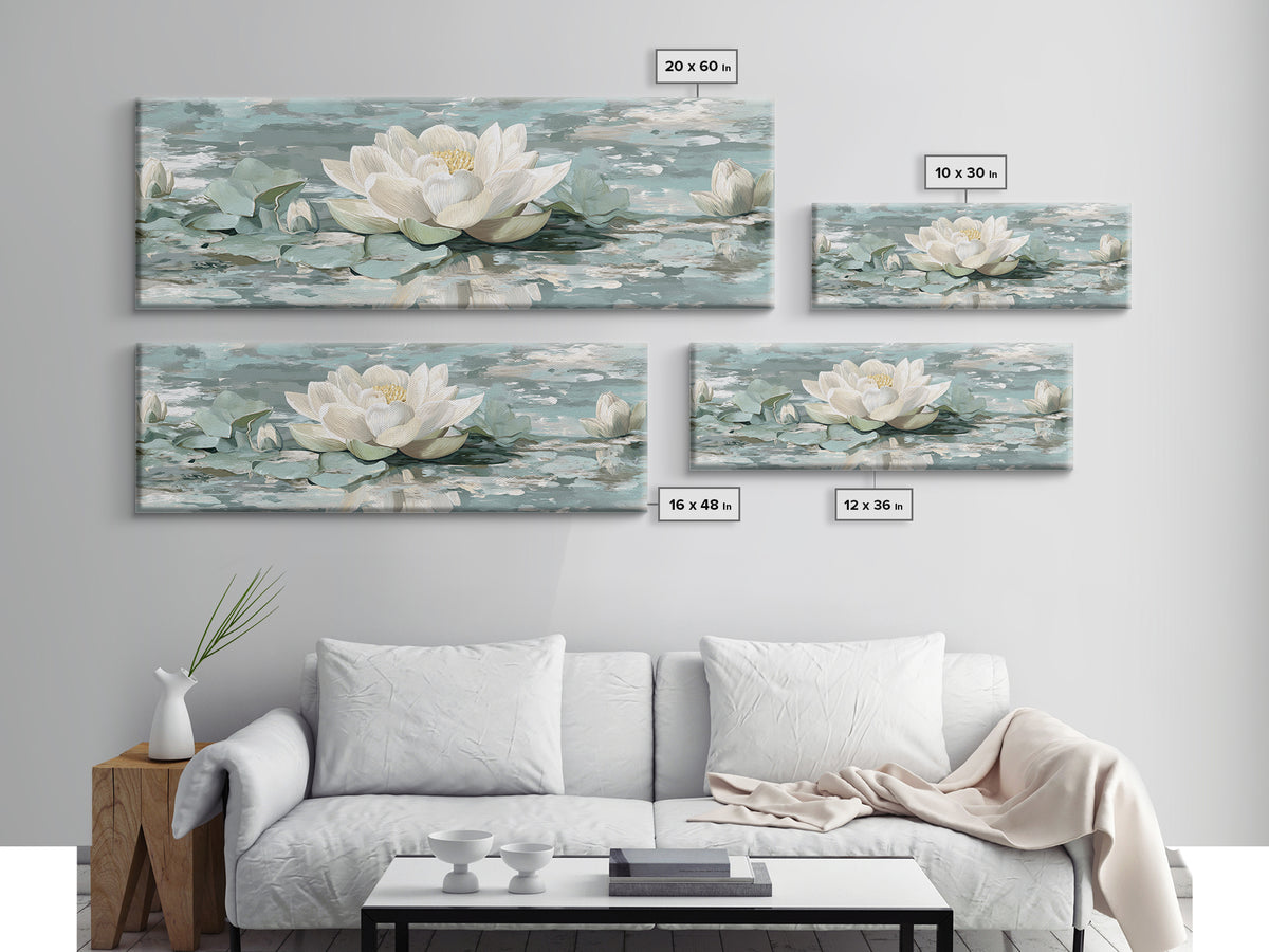 Lotus Flower Floating on Calm Water Framed Canvas Print, Bathroom Art, Fine Art Print, Bathroom Decor, Oil Painting, Spa, BAT-3x1-60