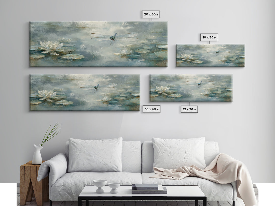 Delicate Dragonfly Above a Pond Surface Framed Canvas Print, Bathroom Art, Statement Artwork, Bathroom Decor, Fine Art, Spa, BAT-3x1-64
