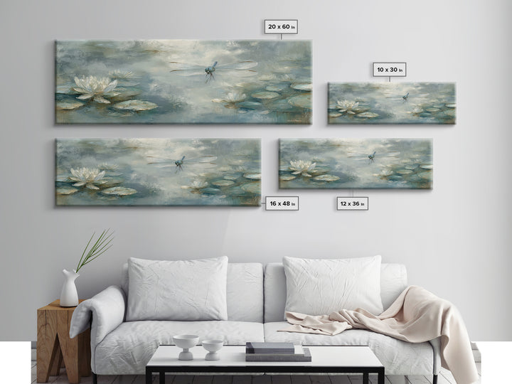 Delicate Dragonfly Above a Pond Surface Framed Canvas Print, Bathroom Art, Statement Artwork, Bathroom Decor, Fine Art, Spa, BAT-3x1-64