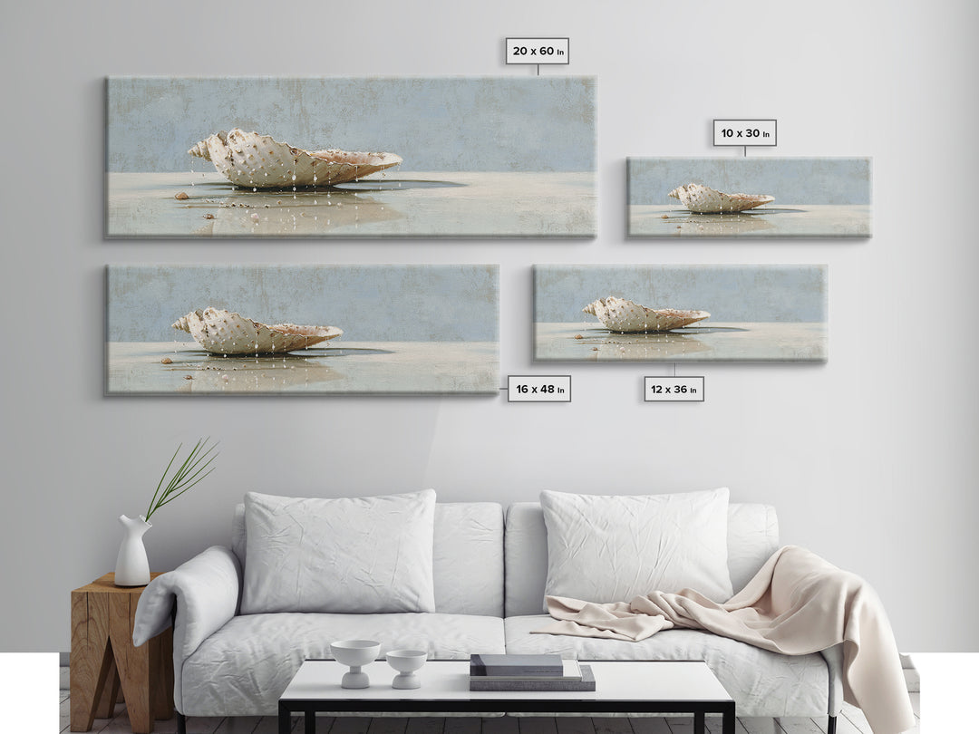 Minimal Seashell Still Life on Pale Sand Framed Canvas Print, Bathroom Art, Printable, Bathroom Decor, Abstract Art, Spa, BAT-3x1-67