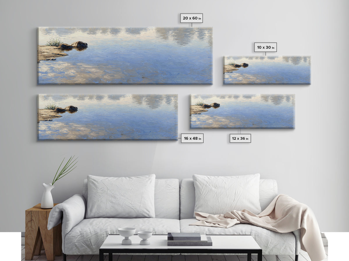 Misty Lake Scene Framed Canvas Print, Bathroom Art, Unique Wall Art, Bathroom Decor, Oil Painting, Spa, Gallery Decor, BAT-3x1-73