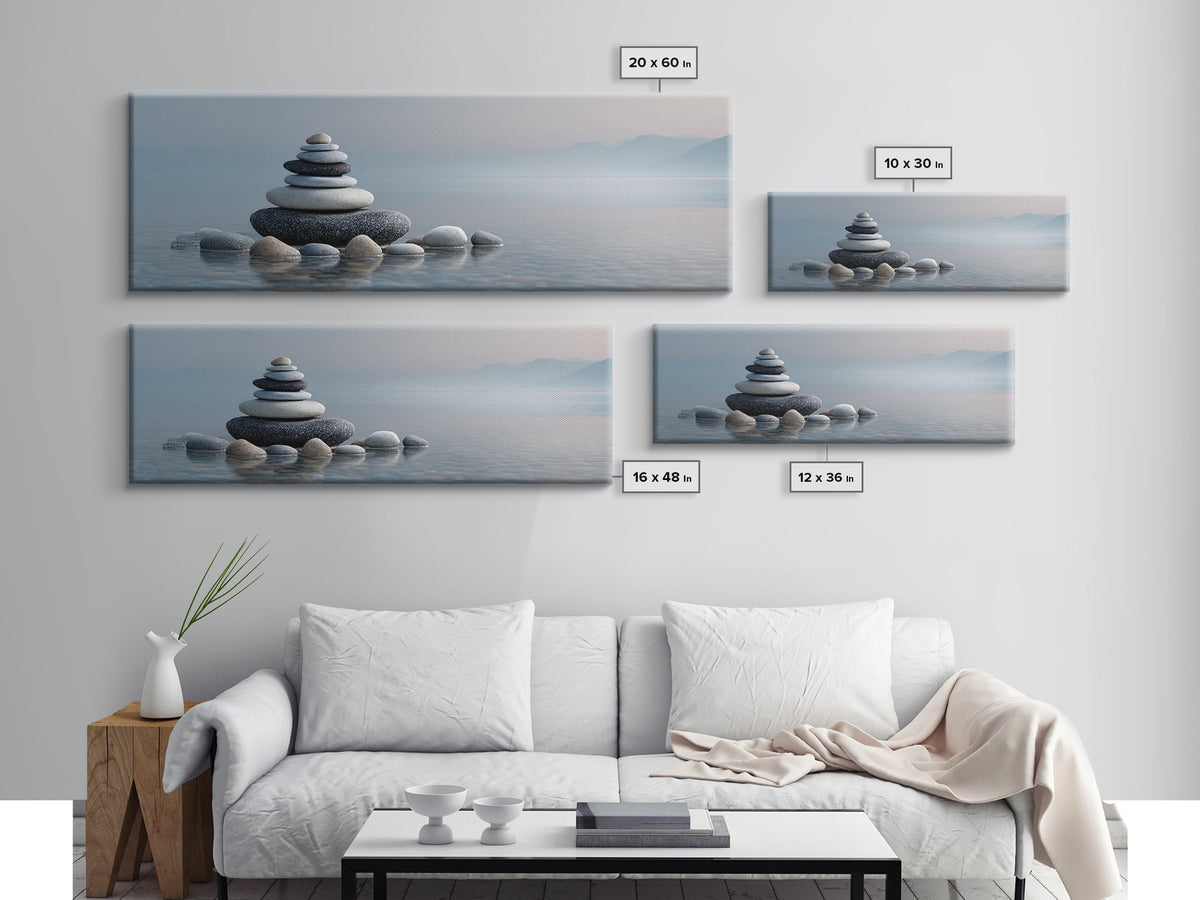 Monochrome Pebble Stack Framed Canvas Print, Bathroom Art, Canvas Wall Art, Bathroom Decor, Fine Art, Spa, Bathroom Wallpaper, BAT-3x1-77