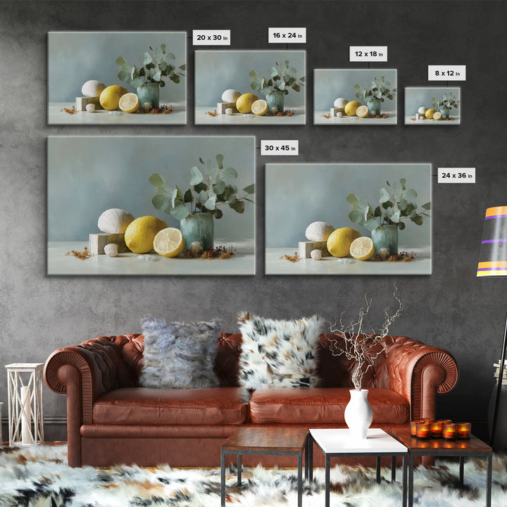 Lemon and Botanical Still Life Framed Canvas Print, Bathroom Art, Digital Wall Art, Bathroom Decor, Oil Painting, Spa, BAT-3x2-10