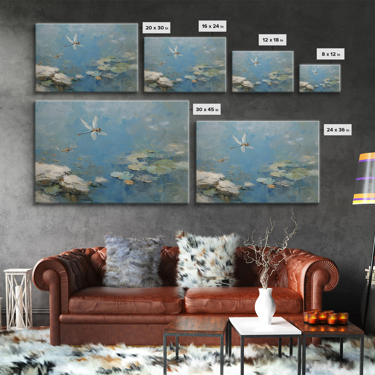 Delicate Dragonfly Above a Pond Surface Framed Canvas Print, Bathroom Art, Bathroom Art Decor, Bathroom Decor, Oil Painting, BAT-3x2-100