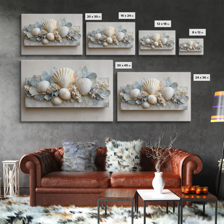 Coral and Shell Arrangement Framed Canvas Print, Bathroom Art, Minimalist Decor, Bathroom Decor, Fine Art, Spa, Wall Hanging, BAT-3x2-15