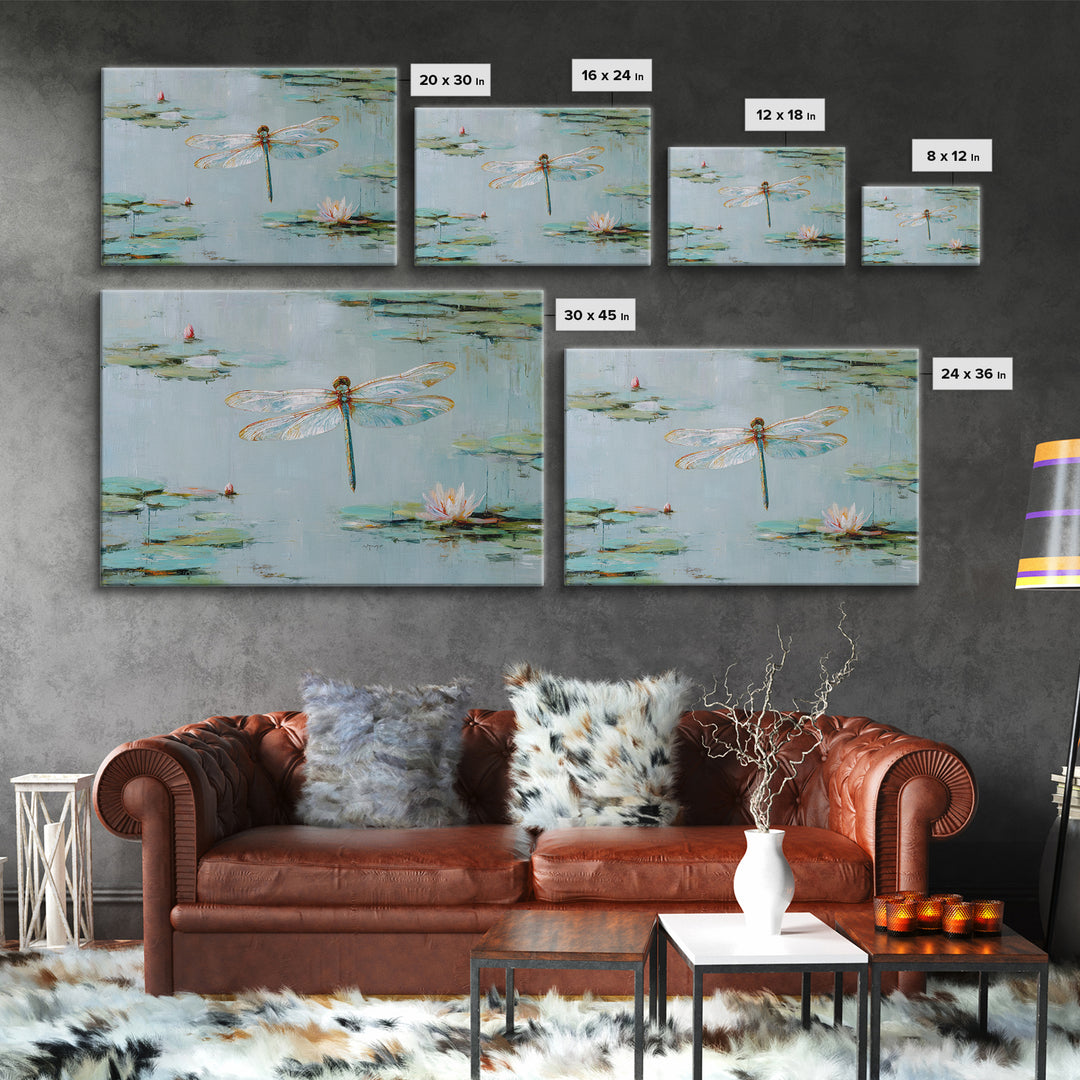 Delicate Dragonfly Above a Pond Surface Framed Canvas Print, Bathroom Art, Home Decor, Bathroom Decor, Fine Art, Spa, BAT-3x2-28