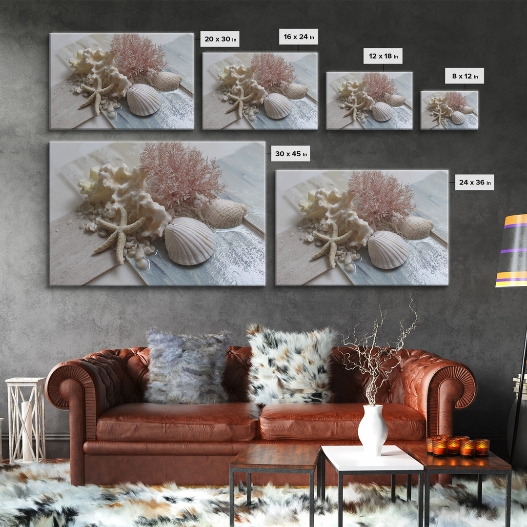 Coral and Shell Arrangement Framed Canvas Print, Bathroom Art, Retro Wall Art, Bathroom Decor, Fine Art, Spa, Modern Decor, BAT-3x2-39