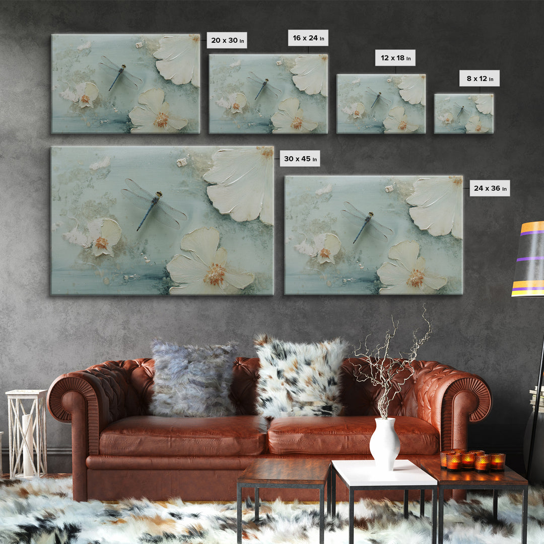 Delicate Dragonfly Above a Pond Surface Canvas Print, Bathroom Art, Room Decor, Bathroom Decor, Oil Painting, Spa, BAT-3x2-4
