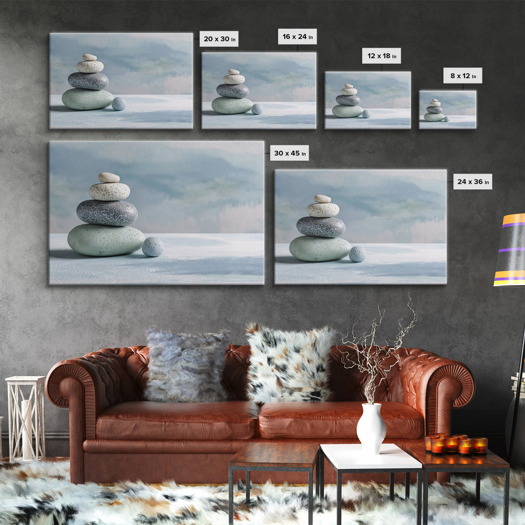 Monochrome Pebble Stack Framed Canvas Print, Bathroom Art, Bathroom Decor, Watercolor Art, Spa, Funny Bathroom Art, BAT-3x2-41