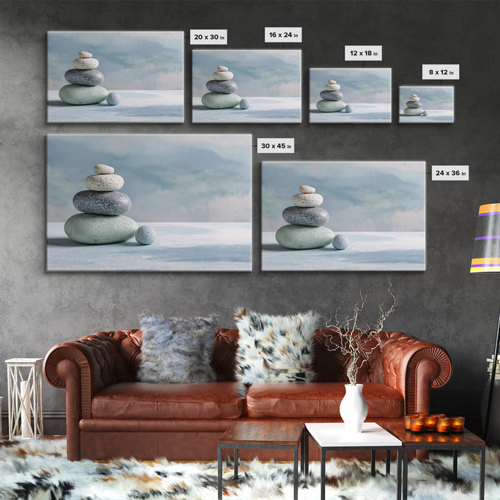 Monochrome Pebble Stack Framed Canvas Print, Bathroom Art, Bathroom Decor, Watercolor Art, Spa, Funny Bathroom Art, BAT-3x2-41