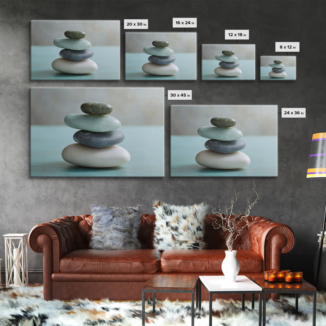 Monochrome Pebble Stack Framed Canvas Print, Bathroom Art, Bathroom Decor, Watercolor Art, Spa, Funny Bathroom Art, BAT-3x2-65