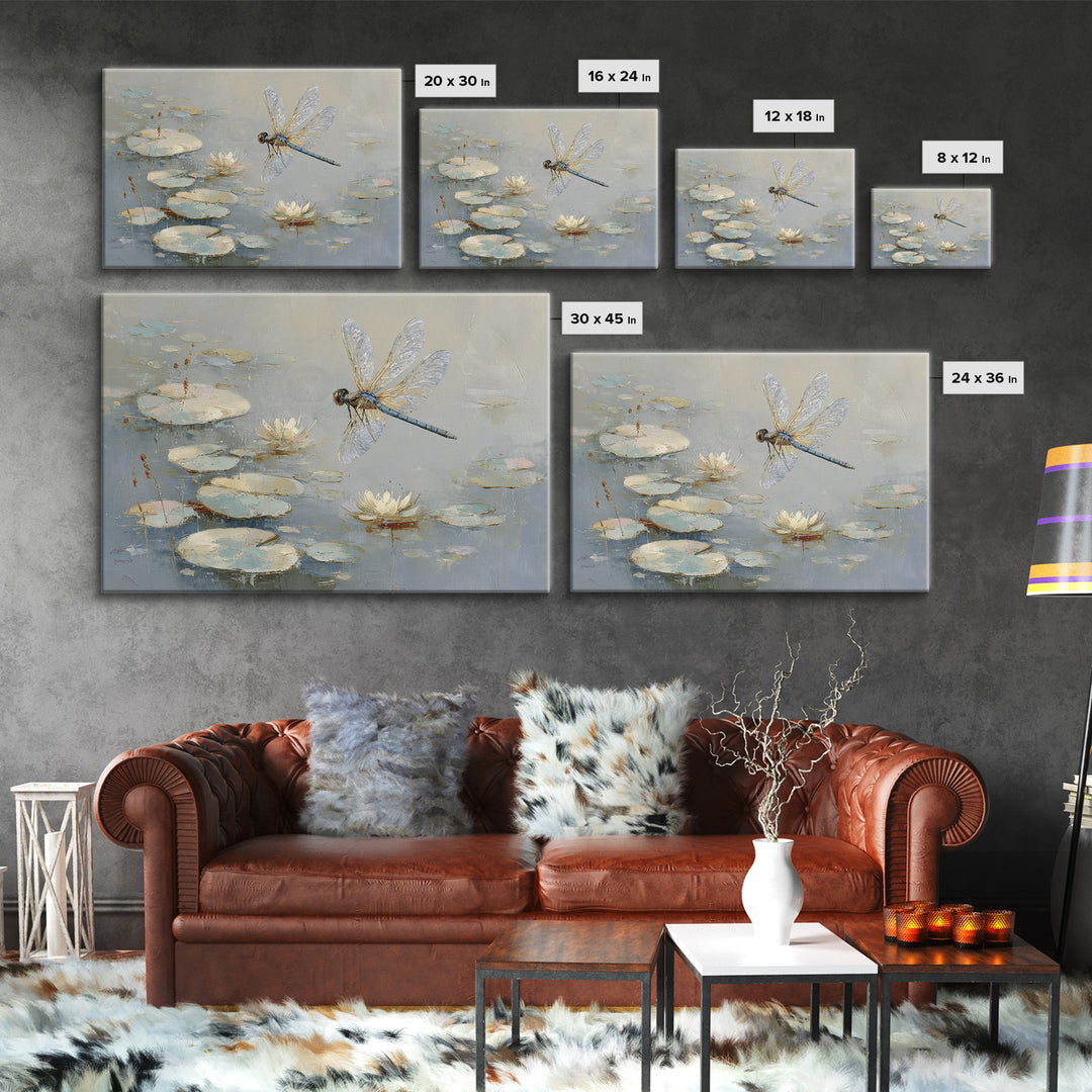Delicate Dragonfly Above a Pond Surface Canvas Print, Bathroom Art, Unique Wall Art, Bathroom Decor, Spa, Gallery Decor, BAT-3x2-76