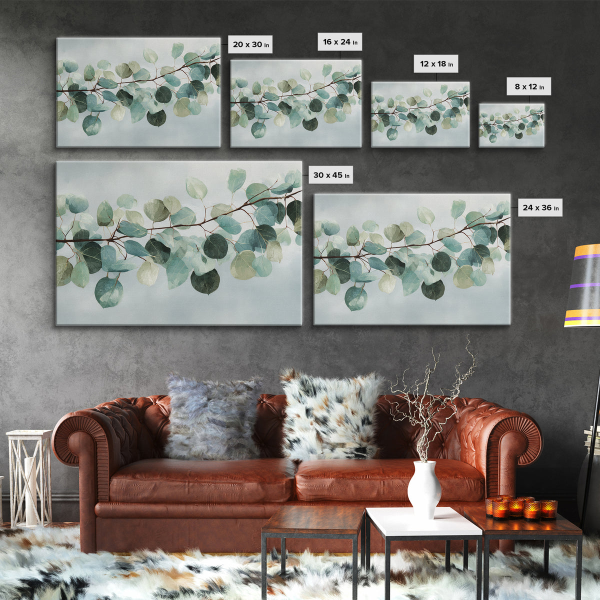 Spa Eucalyptus Branch Framed Canvas Print, Bathroom Art, Bathroom Prints, Bathroom Decor, Watercolor Art, Spa, Trendy Wall Art, BAT-3x2-78