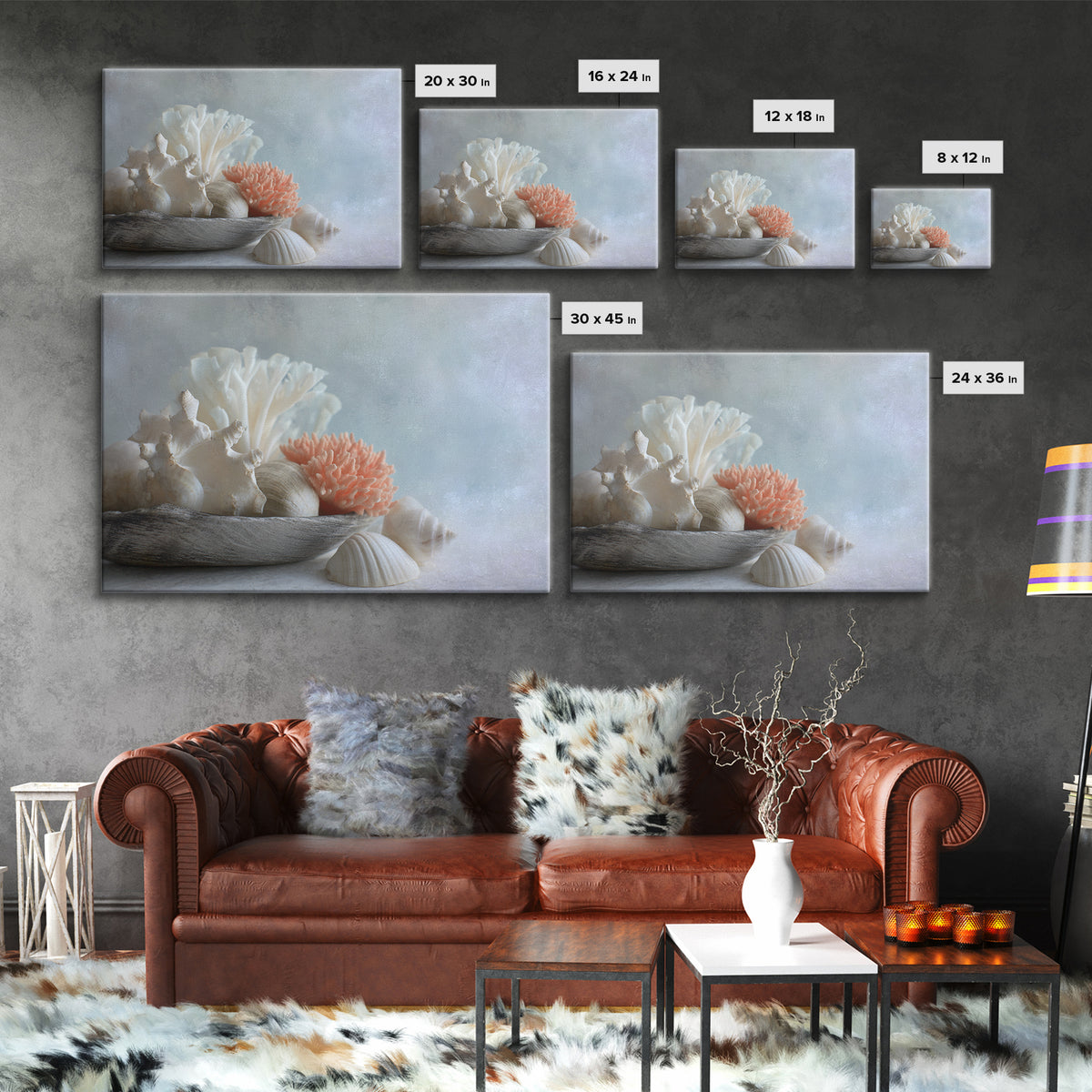 Coral and Shell Arrangement Framed Canvas Print, Bathroom Art, Bathroom Accessories, Bathroom Decor, Spa, Fine Art Print, BAT-3x2-87