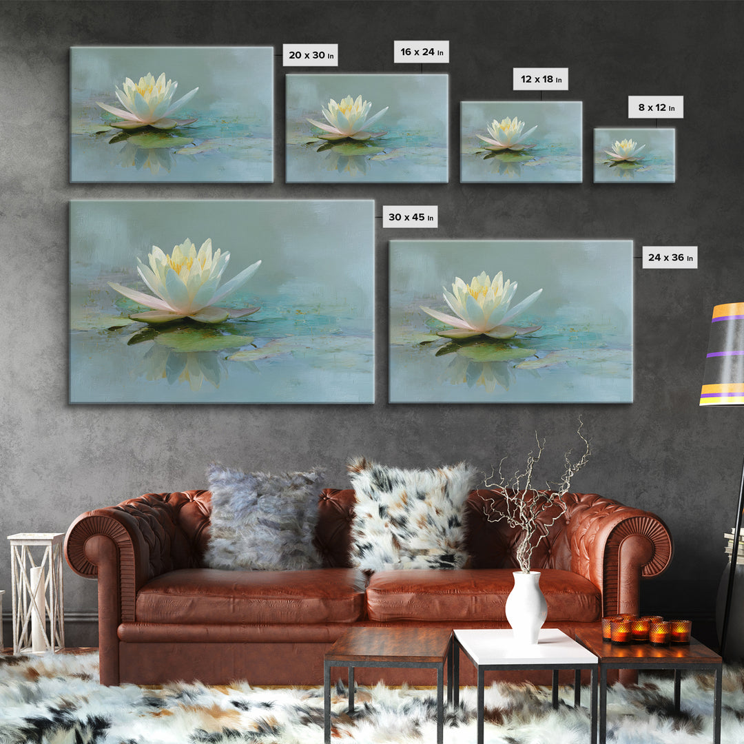 Lotus Flower Floating on Calm Water Framed Canvas Print, Bathroom Art, Trendy Wall Art, Bathroom Decor, Watercolor Art, Spa, BAT-3x2-96