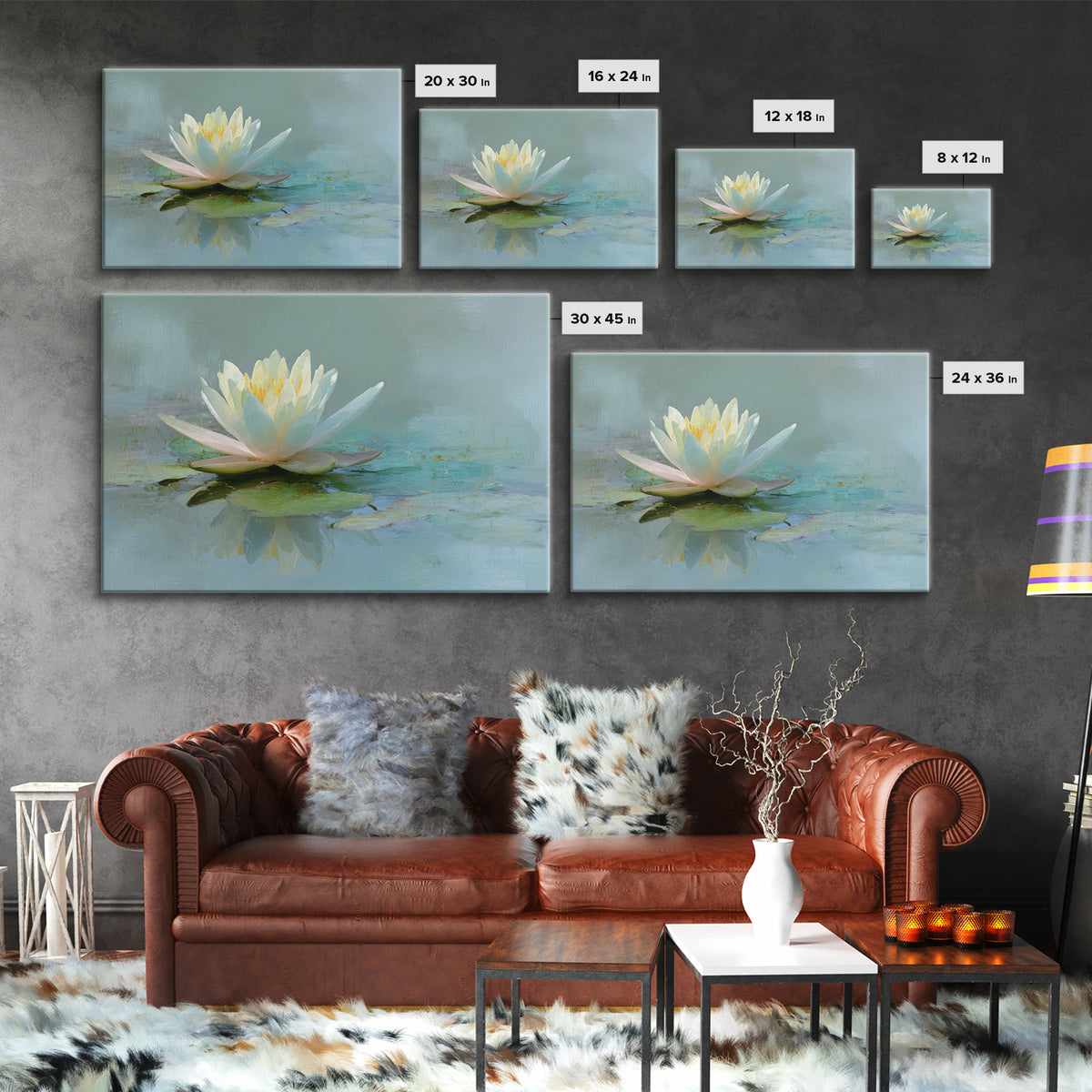 Lotus Flower Floating on Calm Water Framed Canvas Print, Bathroom Art, Trendy Wall Art, Bathroom Decor, Watercolor Art, Spa, BAT-3x2-96