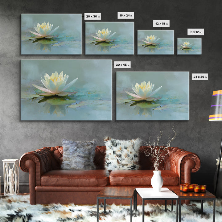 Lotus Flower Floating on Calm Water Framed Canvas Print, Bathroom Art, Trendy Wall Art, Bathroom Decor, Watercolor Art, Spa, BAT-3x2-96